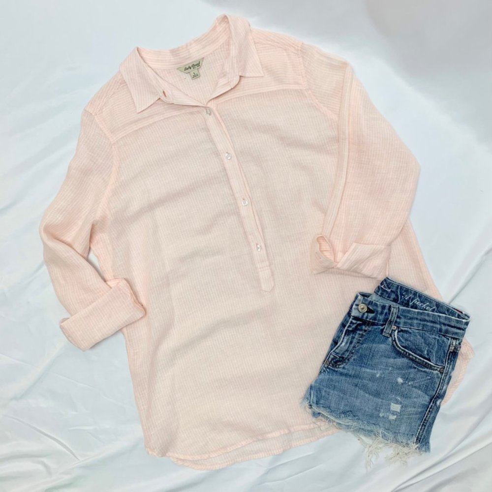 Lucky Brand Light Pink Striped Linen Button Up Tunic Size Large